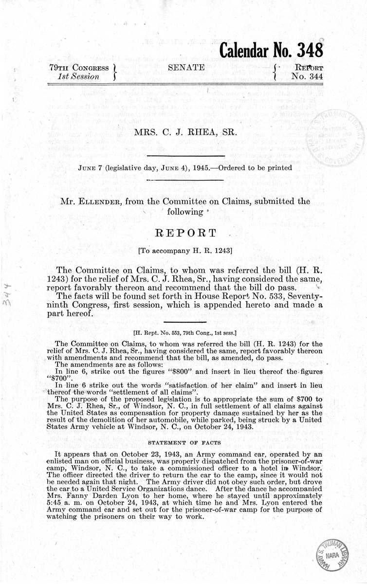 Memorandum from Frederick J. Bailey to M. C. Latta, H.R. 1243, For the Relief of Mrs. C. J. Rhea, Senior, with Attachments