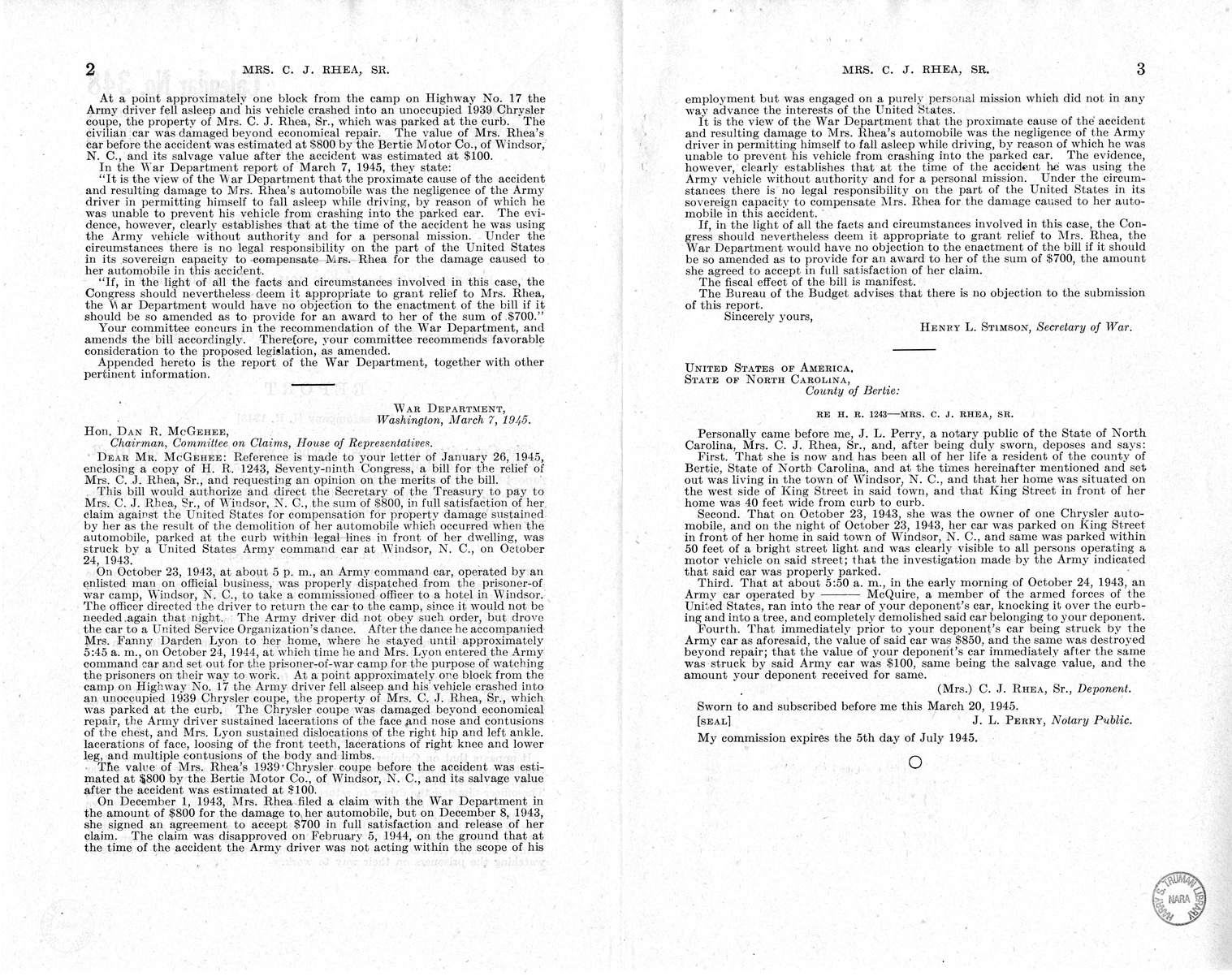 Memorandum from Frederick J. Bailey to M. C. Latta, H.R. 1243, For the Relief of Mrs. C. J. Rhea, Senior, with Attachments