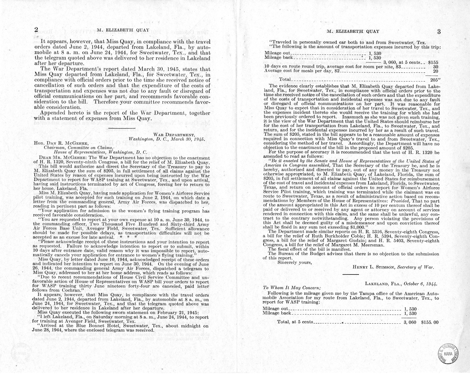 Memorandum from Frederick Bailey to M. C. Latta, H.R. 1320, for the Relief of M. Elizabeth Quay, with Attachments