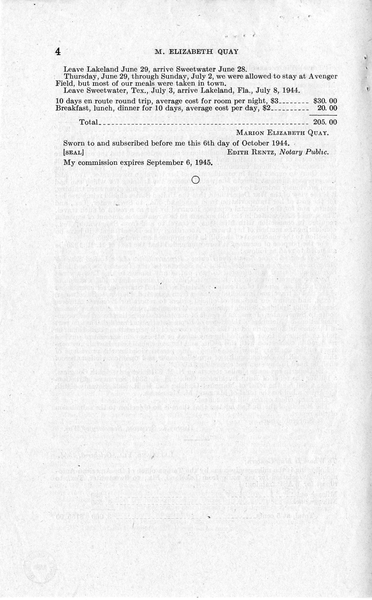 Memorandum from Frederick Bailey to M. C. Latta, H.R. 1320, for the Relief of M. Elizabeth Quay, with Attachments