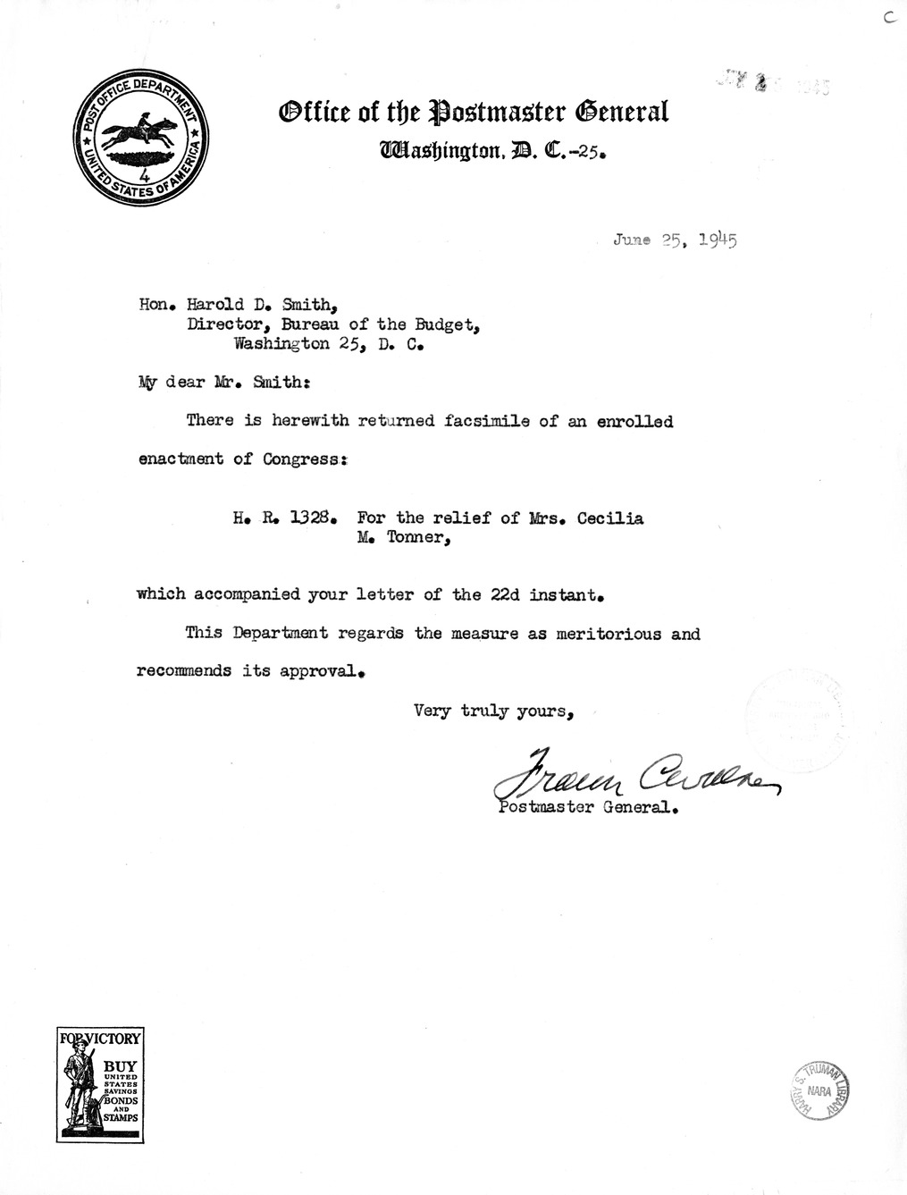 Memorandum from Frederick J. Bailey to M. C. Latta, H.R. 1328, For the Relief of Mrs. Cecilia M. Tonner, with Attachments