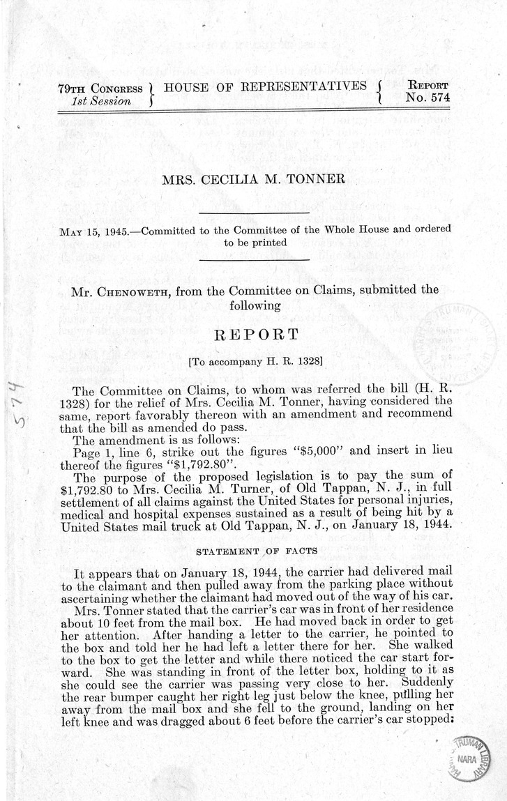 Memorandum from Frederick J. Bailey to M. C. Latta, H.R. 1328, For the Relief of Mrs. Cecilia M. Tonner, with Attachments