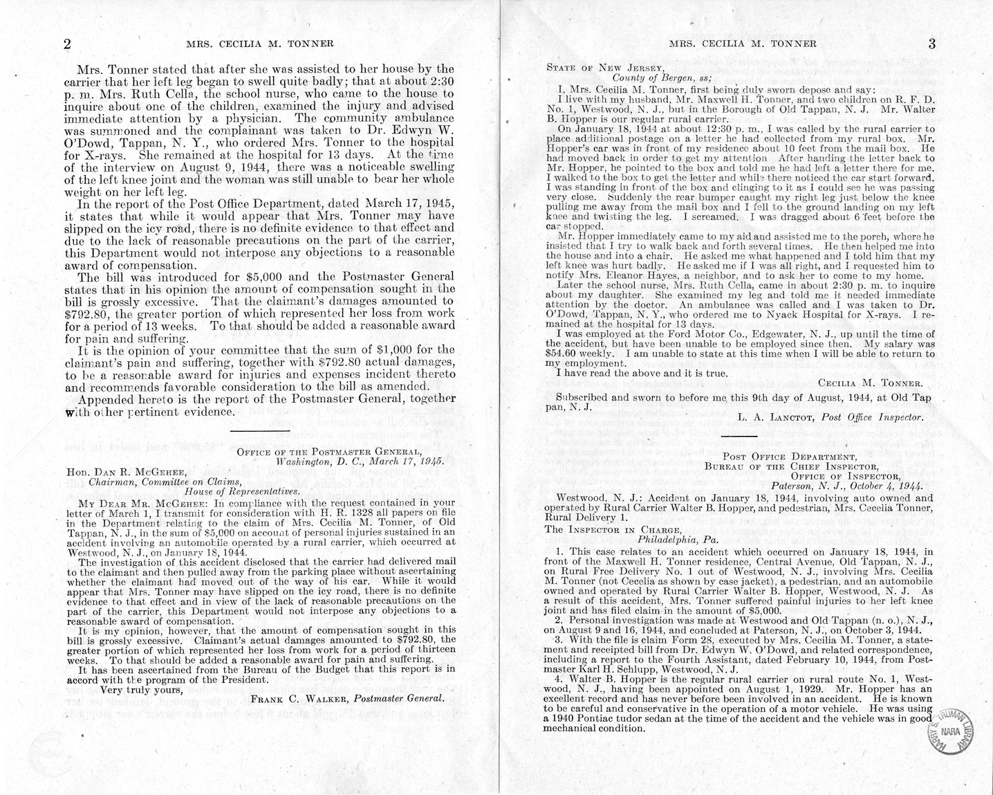 Memorandum from Frederick J. Bailey to M. C. Latta, H.R. 1328, For the Relief of Mrs. Cecilia M. Tonner, with Attachments