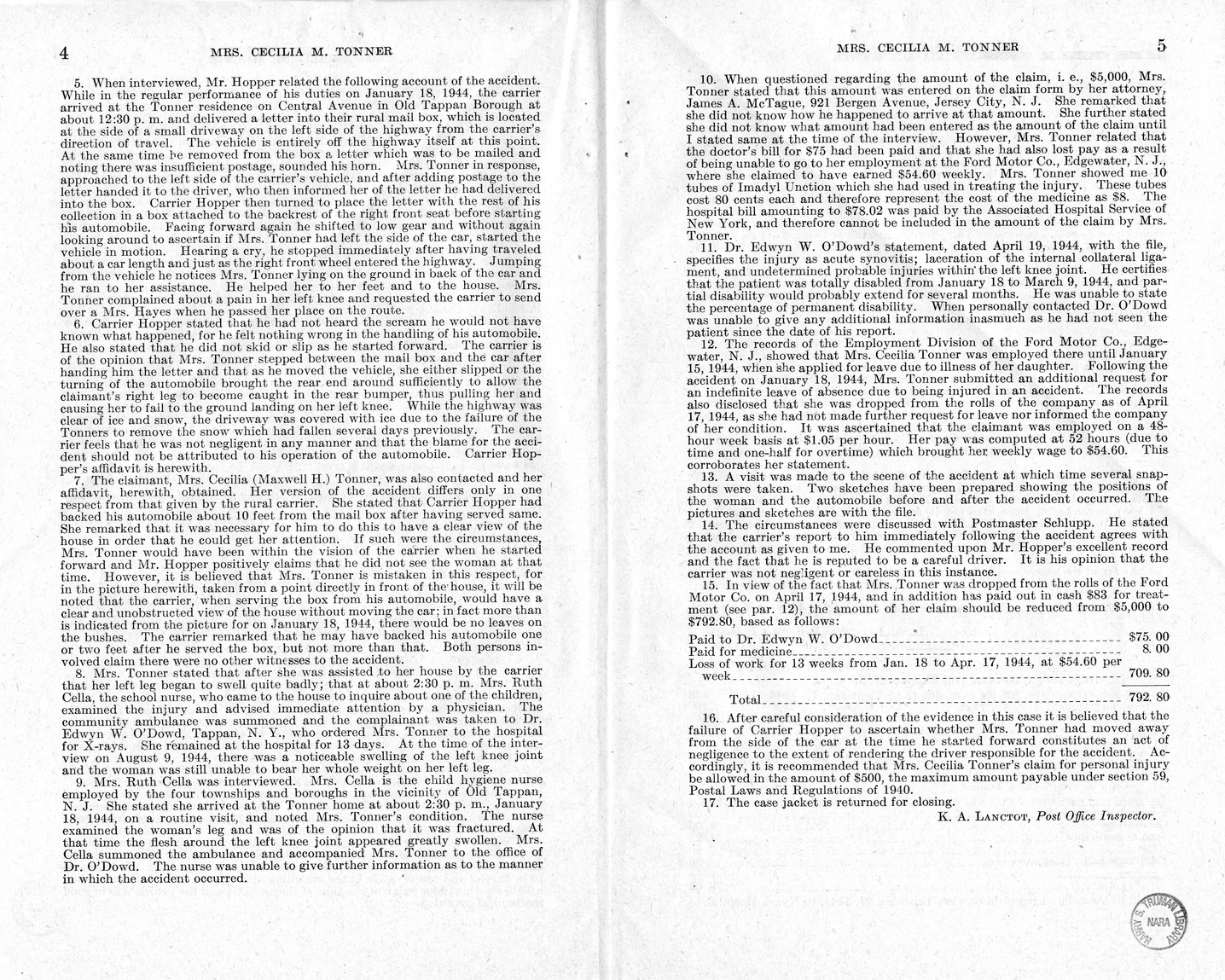 Memorandum from Frederick J. Bailey to M. C. Latta, H.R. 1328, For the Relief of Mrs. Cecilia M. Tonner, with Attachments