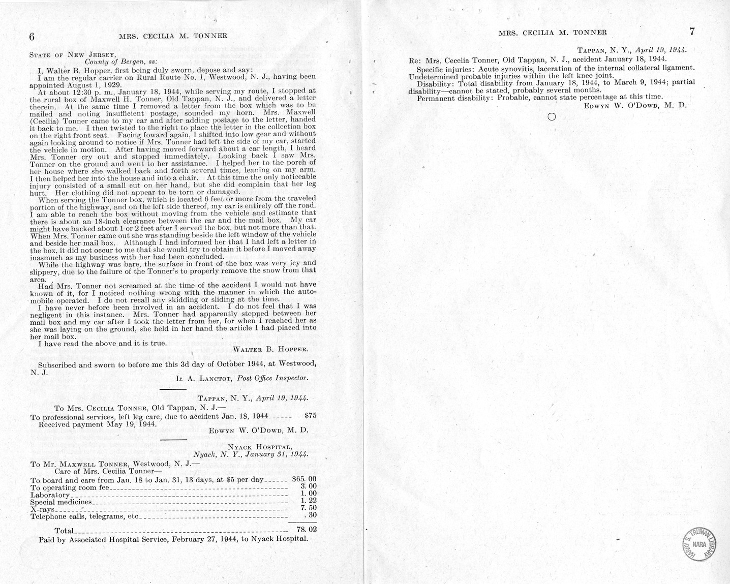 Memorandum from Frederick J. Bailey to M. C. Latta, H.R. 1328, For the Relief of Mrs. Cecilia M. Tonner, with Attachments