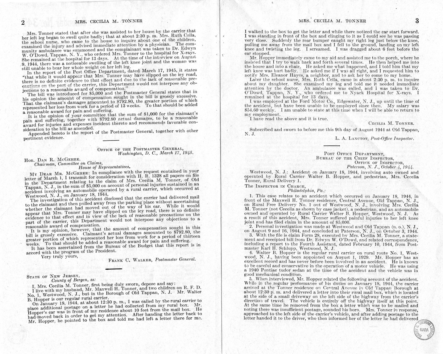 Memorandum from Frederick J. Bailey to M. C. Latta, H.R. 1328, For the Relief of Mrs. Cecilia M. Tonner, with Attachments