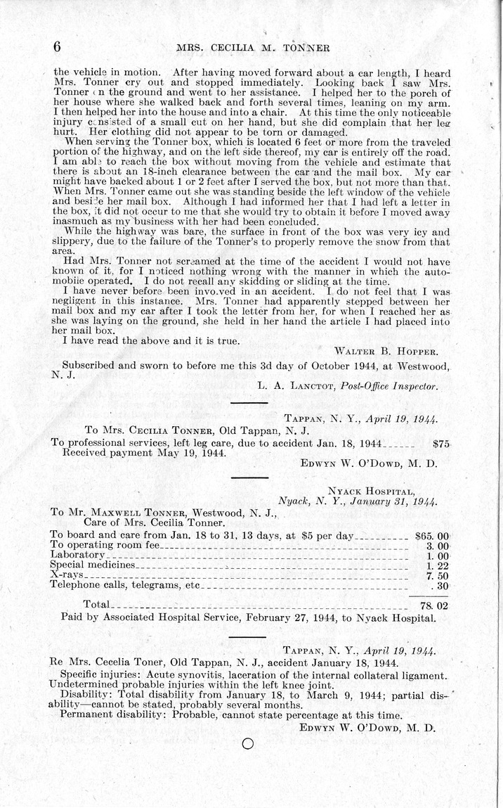 Memorandum from Frederick J. Bailey to M. C. Latta, H.R. 1328, For the Relief of Mrs. Cecilia M. Tonner, with Attachments