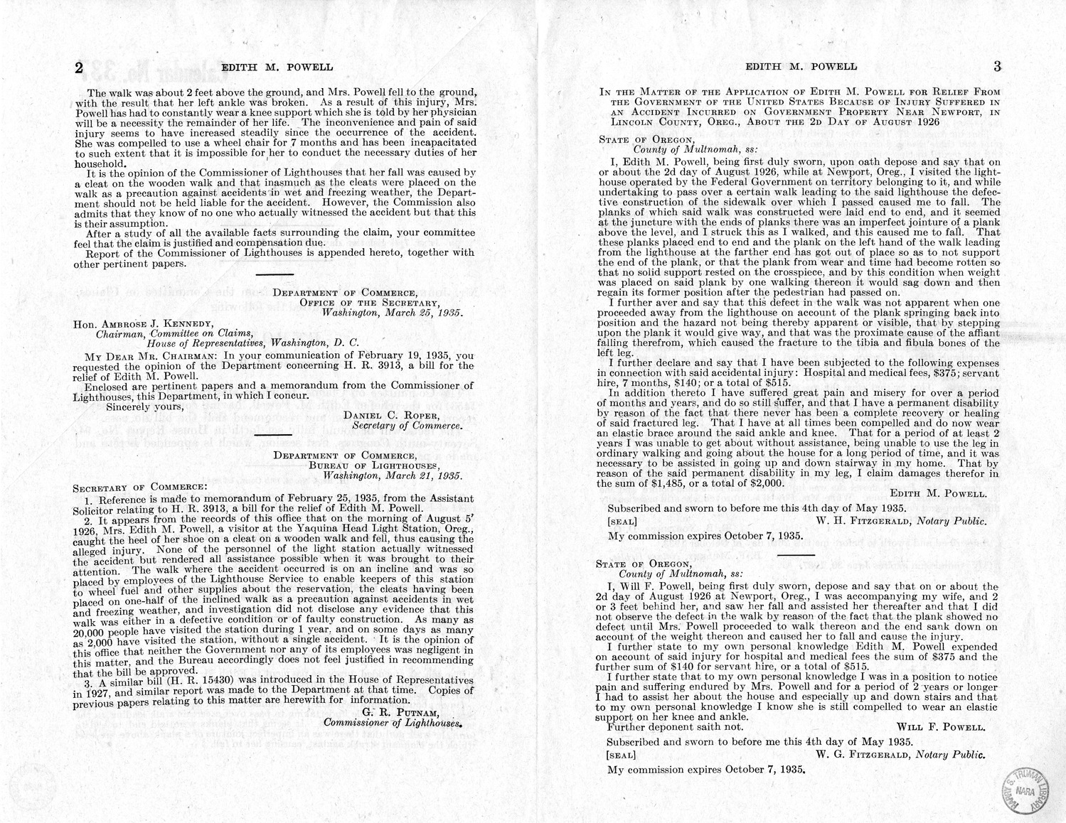 Memorandum from Harold D. Smith to M. C. Latta, H.R. 1453, For the Relief of Edith M. Powell, with Attachments