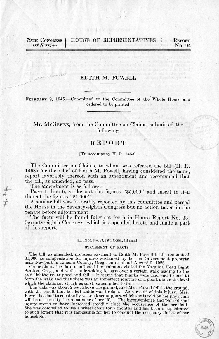 Memorandum from Harold D. Smith to M. C. Latta, H.R. 1453, For the Relief of Edith M. Powell, with Attachments