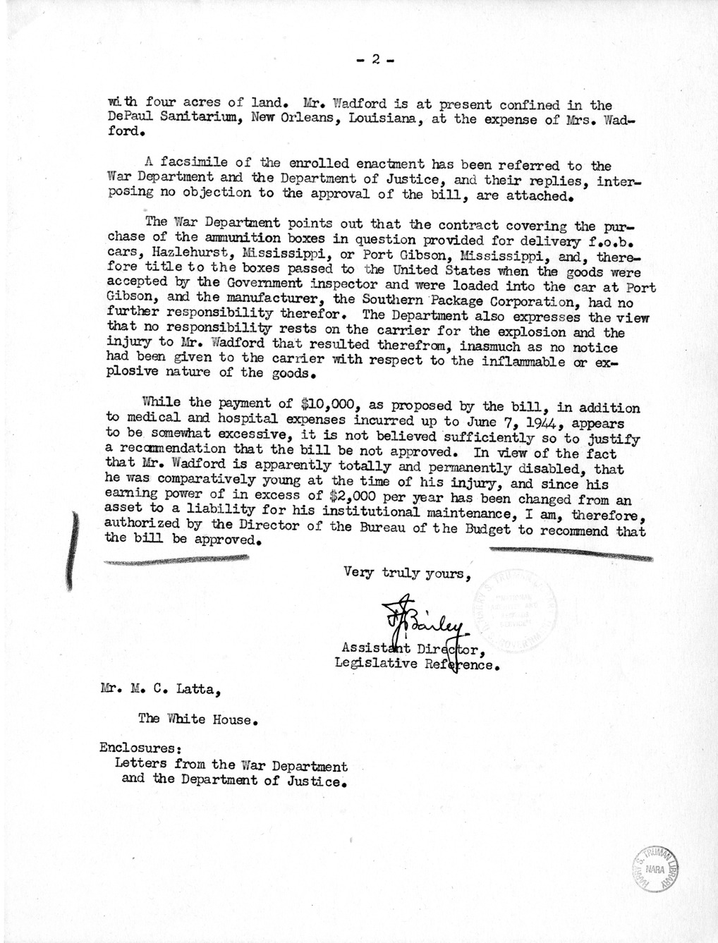 Memorandum from Frederick J. Bailey to M. C. Latta, H.R. 1482, For the Relief of the Legal Guardian of Samuel Wadford, with Attachments