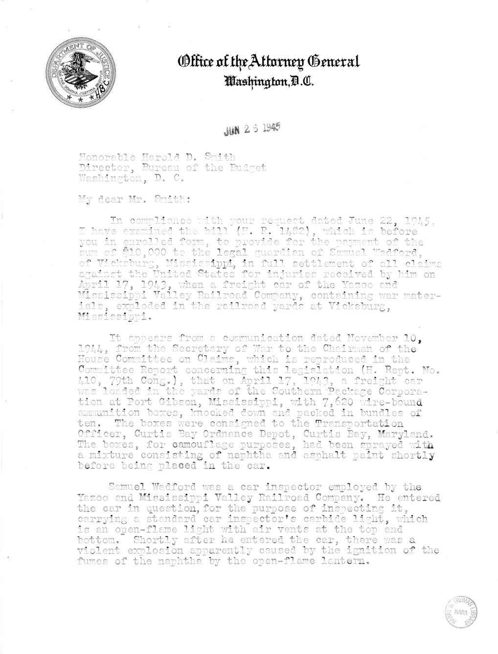 Memorandum from Frederick J. Bailey to M. C. Latta, H.R. 1482, For the Relief of the Legal Guardian of Samuel Wadford, with Attachments