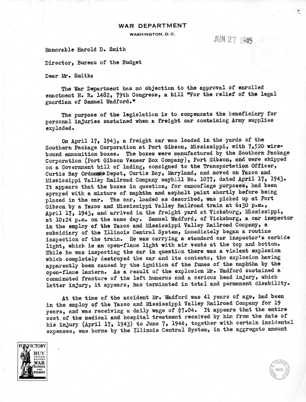 Memorandum from Frederick J. Bailey to M. C. Latta, H.R. 1482, For the Relief of the Legal Guardian of Samuel Wadford, with Attachments