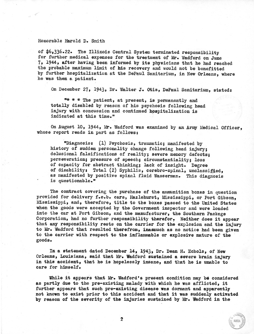 Memorandum from Frederick J. Bailey to M. C. Latta, H.R. 1482, For the Relief of the Legal Guardian of Samuel Wadford, with Attachments