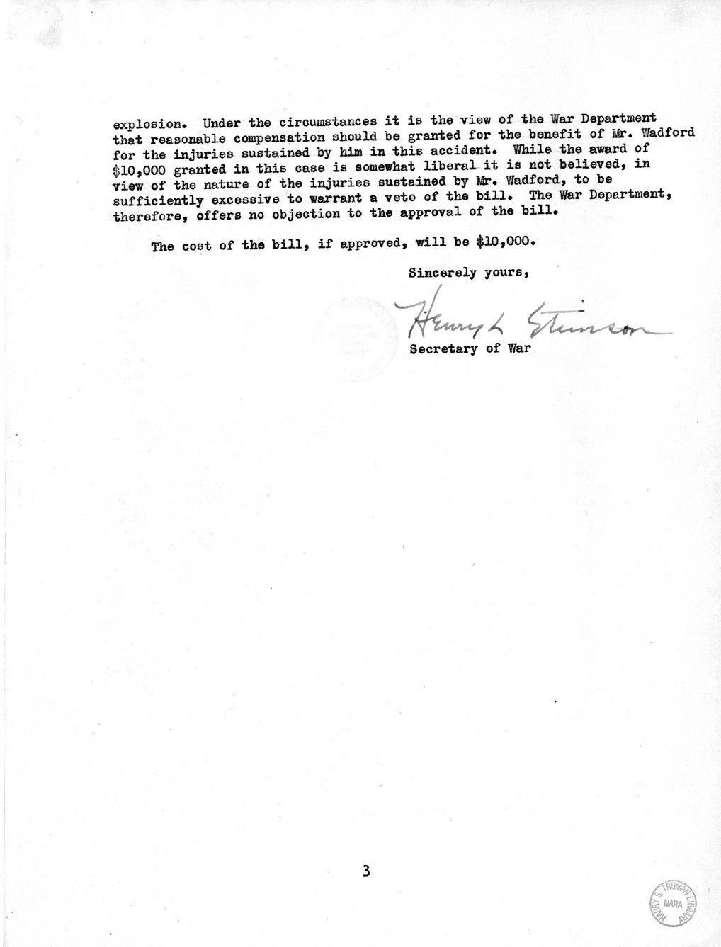 Memorandum from Frederick J. Bailey to M. C. Latta, H.R. 1482, For the Relief of the Legal Guardian of Samuel Wadford, with Attachments