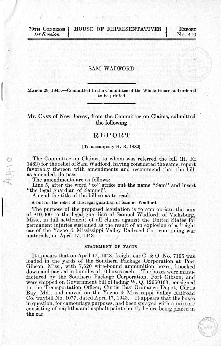 Memorandum from Frederick J. Bailey to M. C. Latta, H.R. 1482, For the Relief of the Legal Guardian of Samuel Wadford, with Attachments