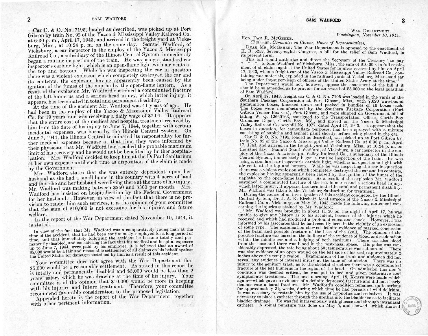 Memorandum from Frederick J. Bailey to M. C. Latta, H.R. 1482, For the Relief of the Legal Guardian of Samuel Wadford, with Attachments