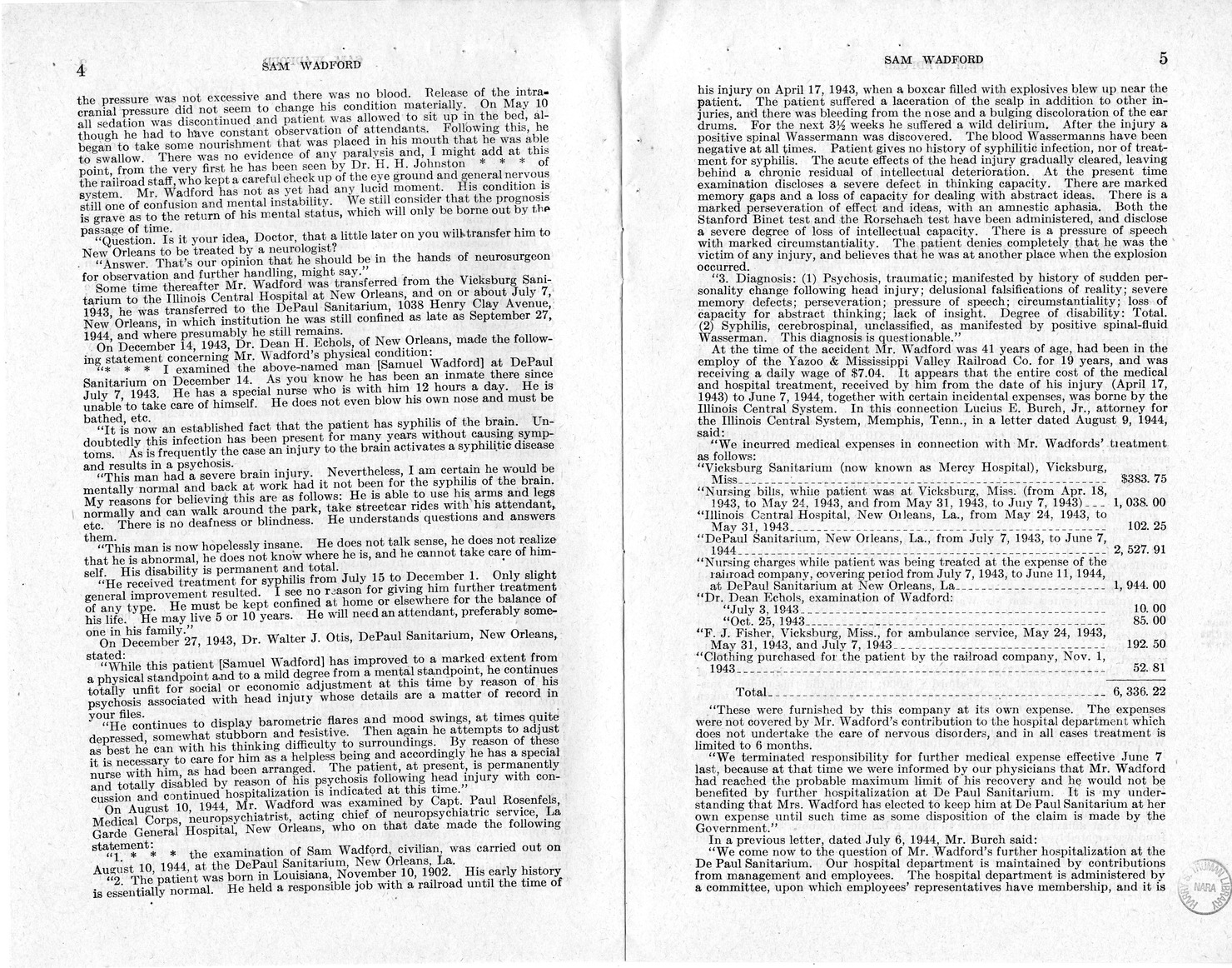 Memorandum from Frederick J. Bailey to M. C. Latta, H.R. 1482, For the Relief of the Legal Guardian of Samuel Wadford, with Attachments