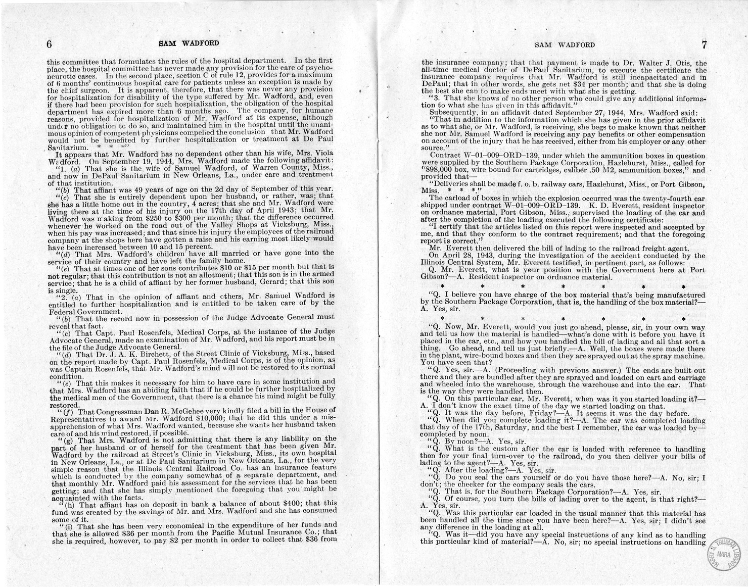 Memorandum from Frederick J. Bailey to M. C. Latta, H.R. 1482, For the Relief of the Legal Guardian of Samuel Wadford, with Attachments