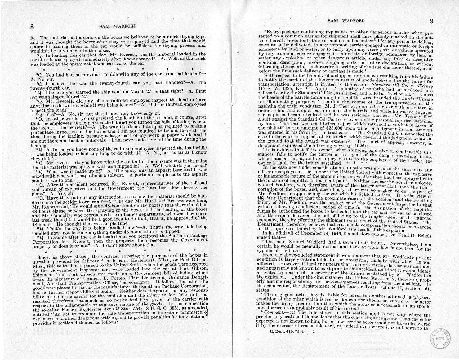 Memorandum from Frederick J. Bailey to M. C. Latta, H.R. 1482, For the Relief of the Legal Guardian of Samuel Wadford, with Attachments