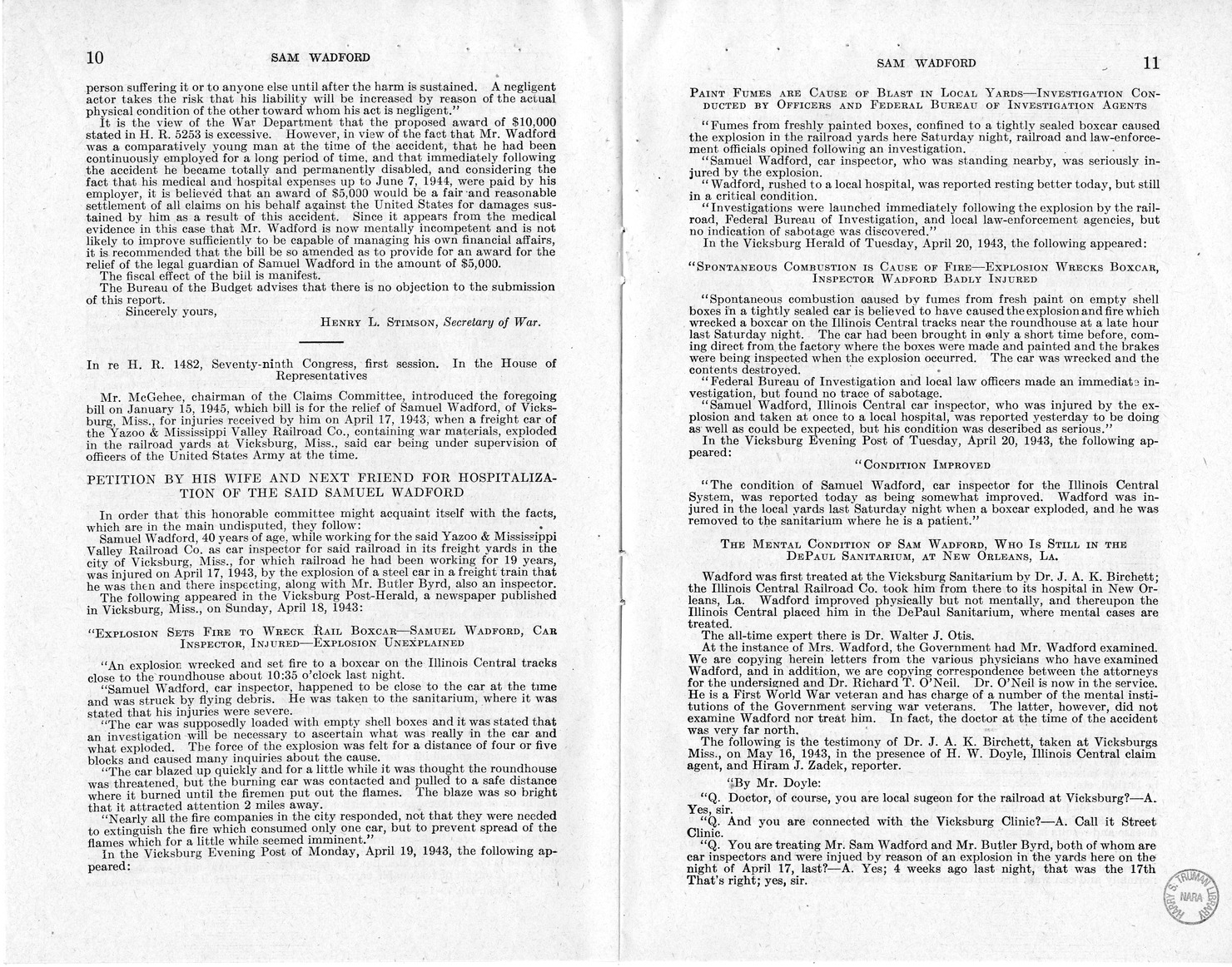 Memorandum from Frederick J. Bailey to M. C. Latta, H.R. 1482, For the Relief of the Legal Guardian of Samuel Wadford, with Attachments