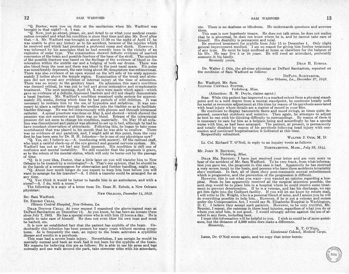 Memorandum from Frederick J. Bailey to M. C. Latta, H.R. 1482, For the Relief of the Legal Guardian of Samuel Wadford, with Attachments