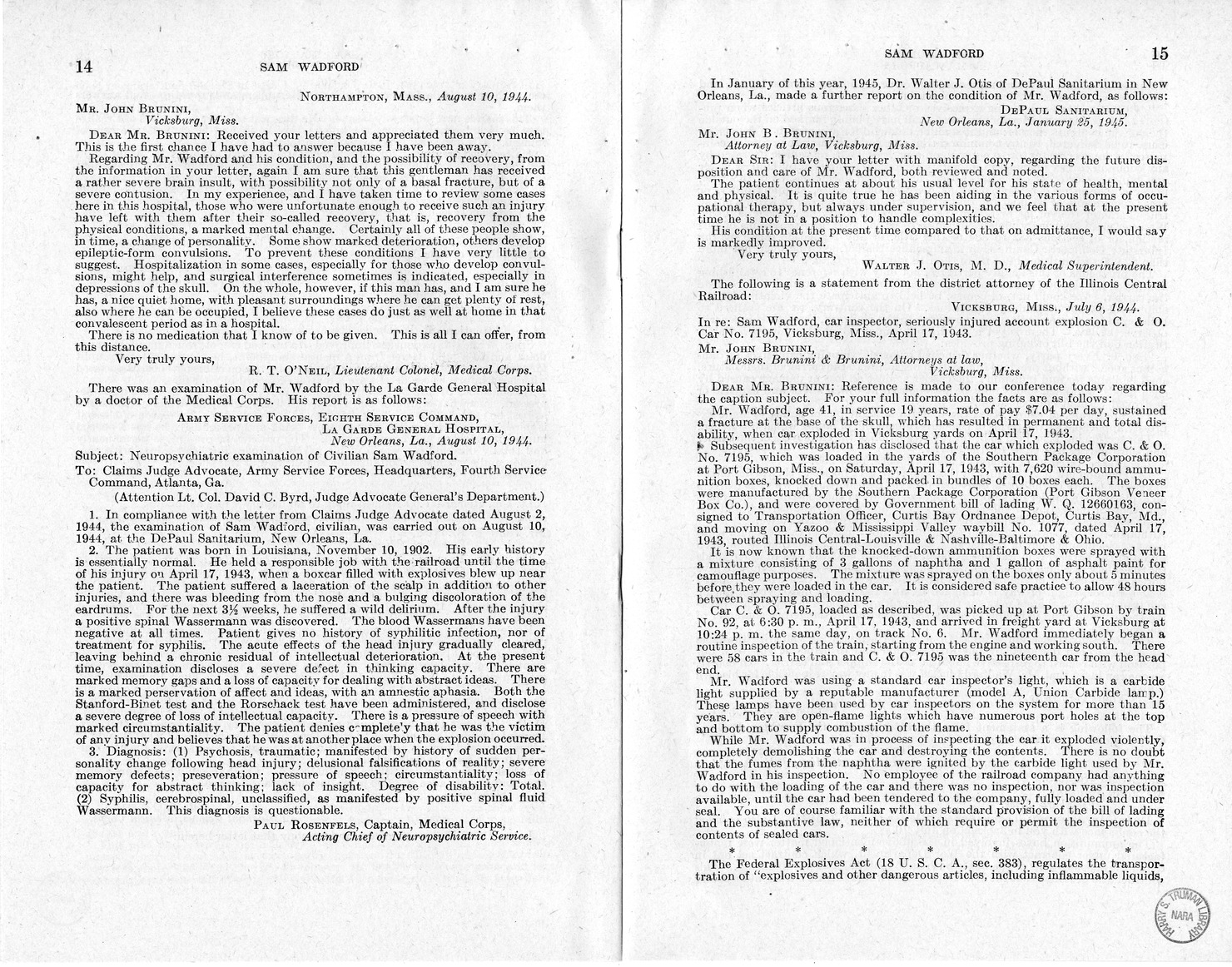 Memorandum from Frederick J. Bailey to M. C. Latta, H.R. 1482, For the Relief of the Legal Guardian of Samuel Wadford, with Attachments