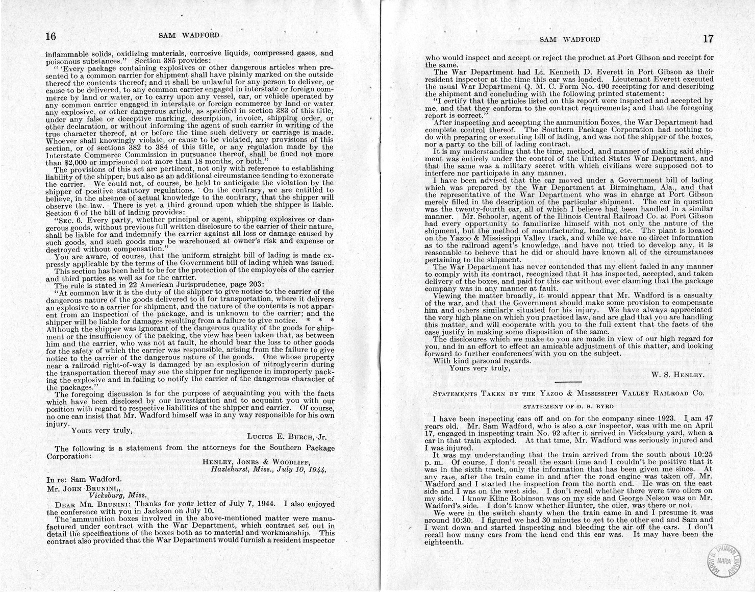 Memorandum from Frederick J. Bailey to M. C. Latta, H.R. 1482, For the Relief of the Legal Guardian of Samuel Wadford, with Attachments