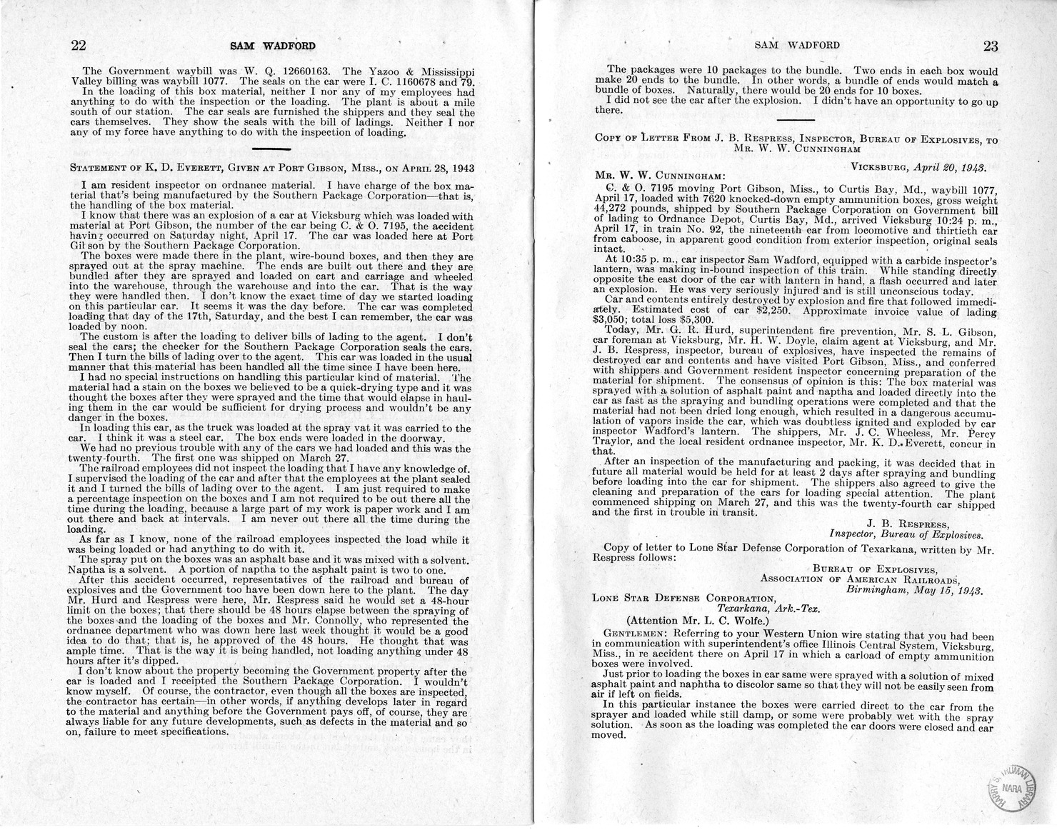 Memorandum from Frederick J. Bailey to M. C. Latta, H.R. 1482, For the Relief of the Legal Guardian of Samuel Wadford, with Attachments