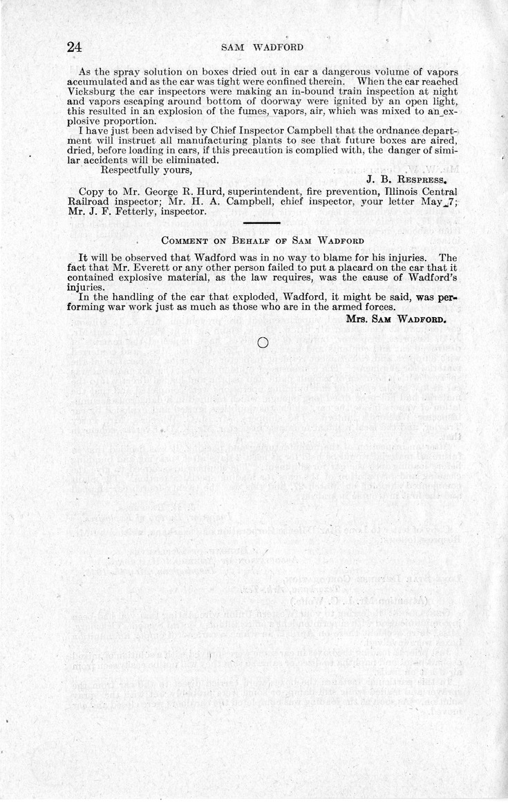 Memorandum from Frederick J. Bailey to M. C. Latta, H.R. 1482, For the Relief of the Legal Guardian of Samuel Wadford, with Attachments