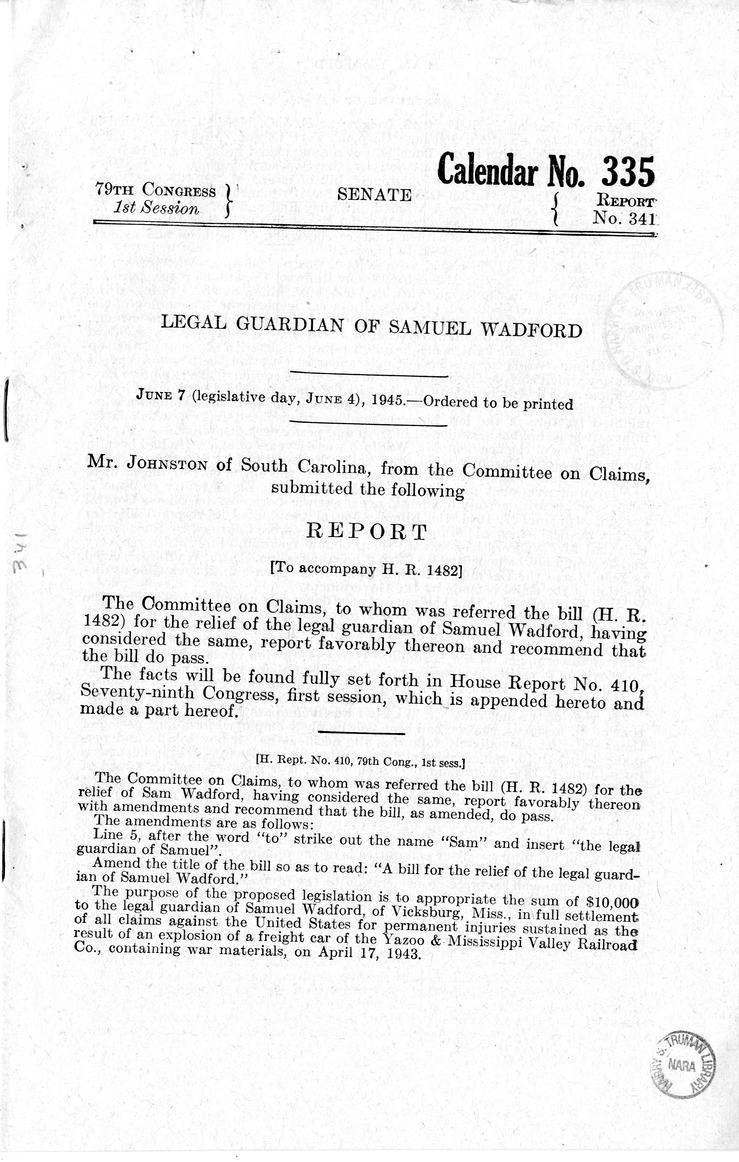 Memorandum from Frederick J. Bailey to M. C. Latta, H.R. 1482, For the Relief of the Legal Guardian of Samuel Wadford, with Attachments