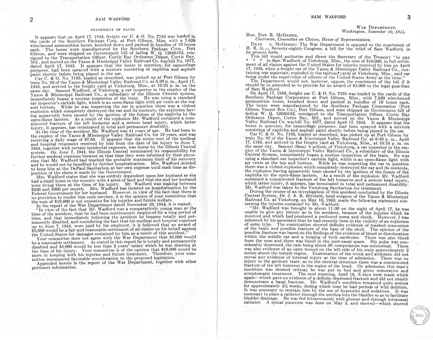 Memorandum from Frederick J. Bailey to M. C. Latta, H.R. 1482, For the Relief of the Legal Guardian of Samuel Wadford, with Attachments