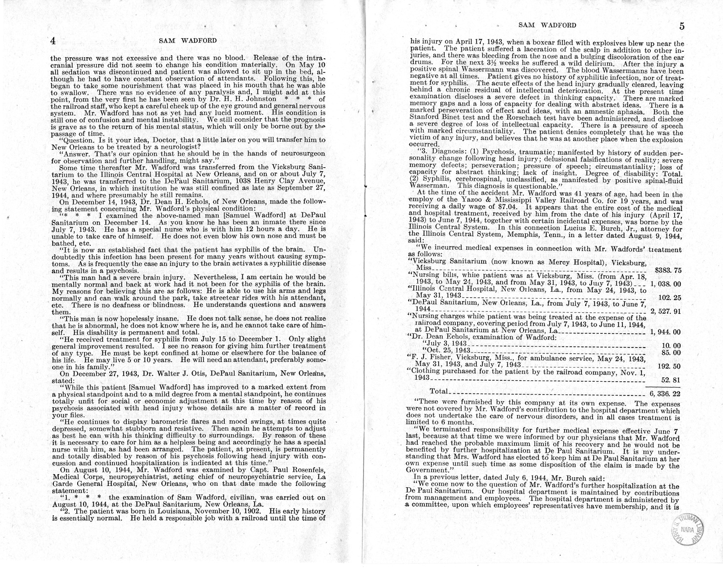 Memorandum from Frederick J. Bailey to M. C. Latta, H.R. 1482, For the Relief of the Legal Guardian of Samuel Wadford, with Attachments