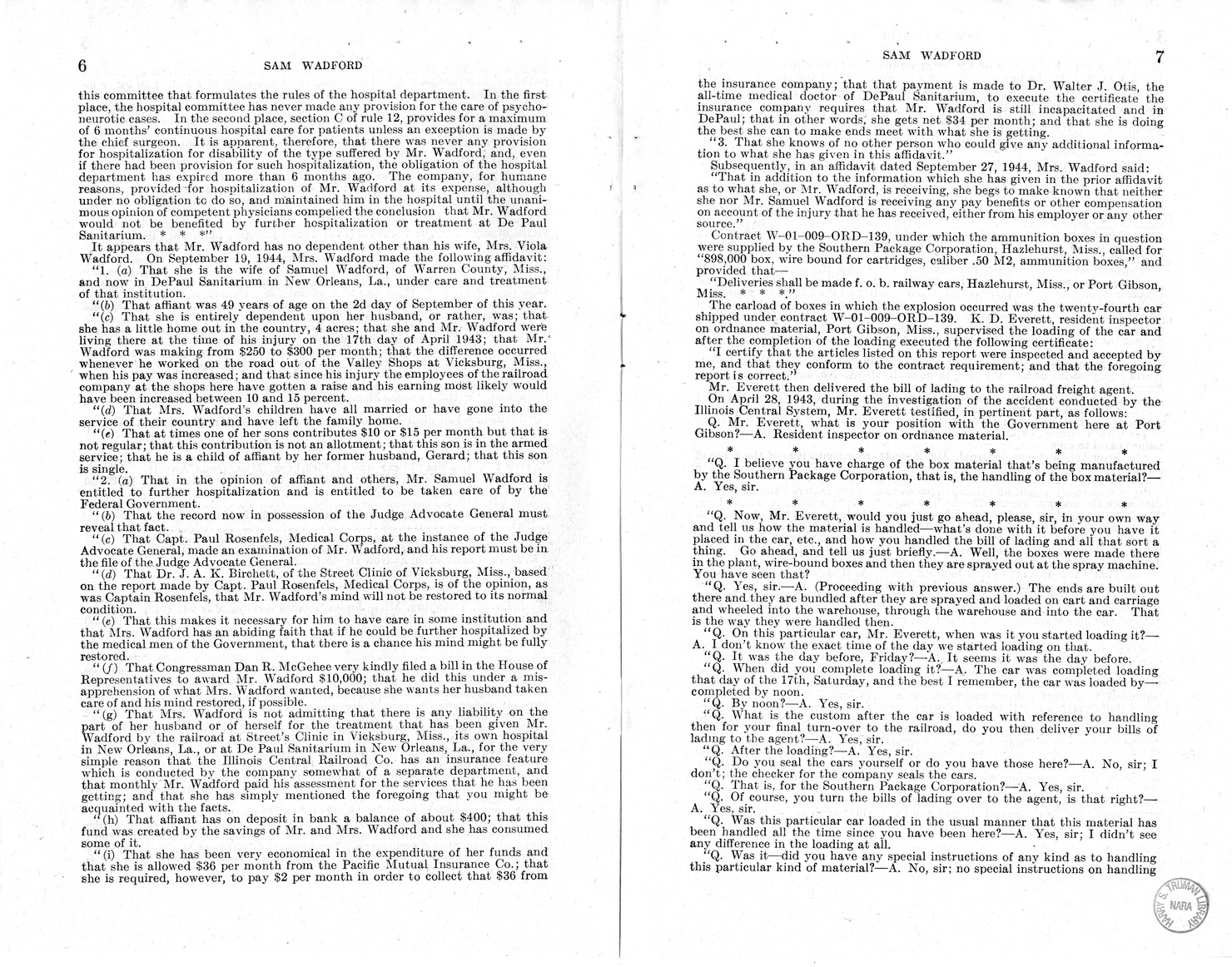 Memorandum from Frederick J. Bailey to M. C. Latta, H.R. 1482, For the Relief of the Legal Guardian of Samuel Wadford, with Attachments