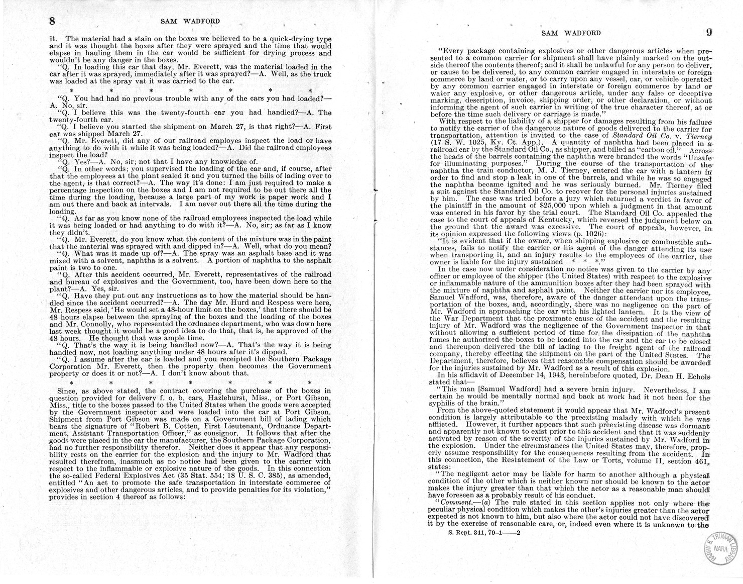 Memorandum from Frederick J. Bailey to M. C. Latta, H.R. 1482, For the Relief of the Legal Guardian of Samuel Wadford, with Attachments