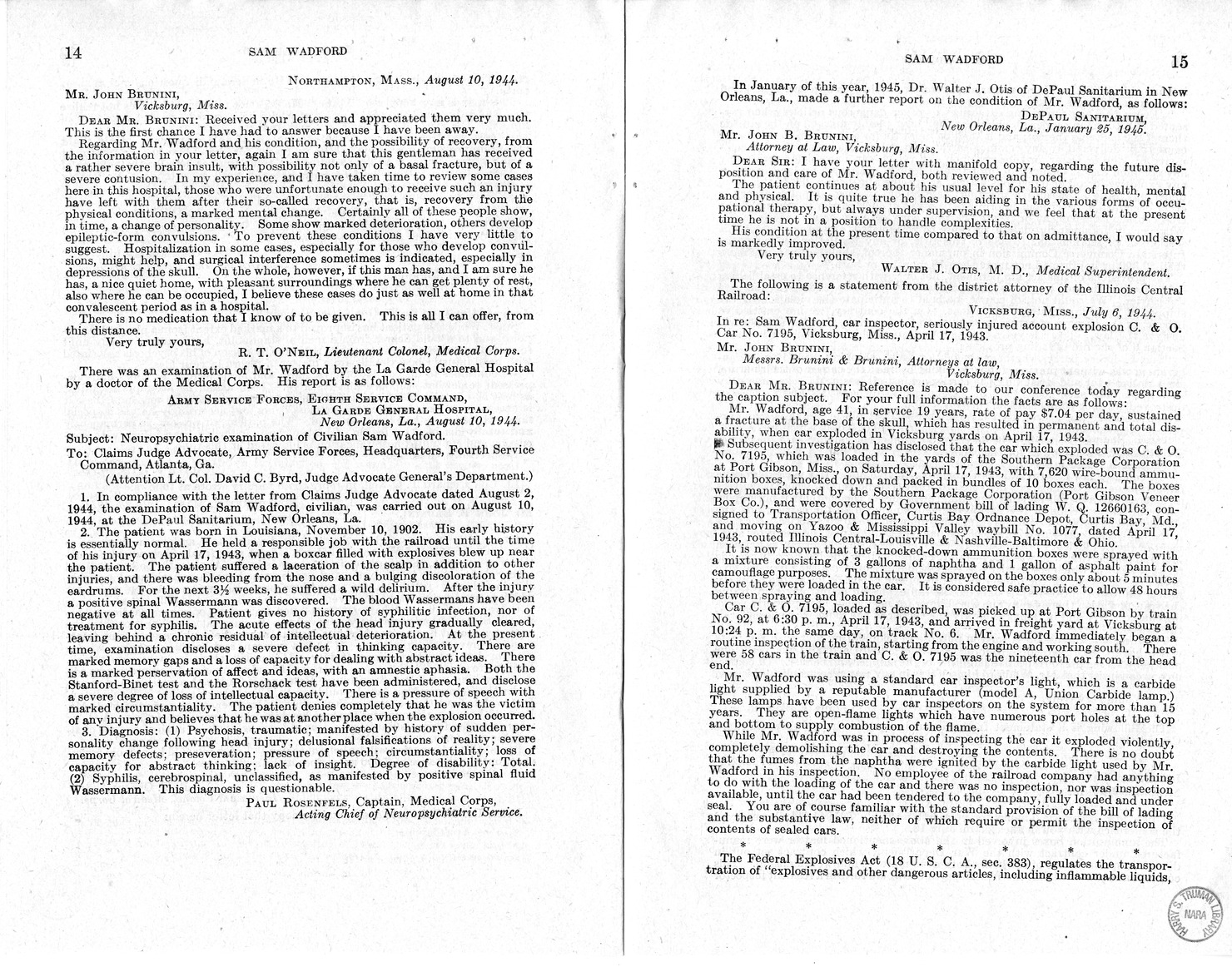 Memorandum from Frederick J. Bailey to M. C. Latta, H.R. 1482, For the Relief of the Legal Guardian of Samuel Wadford, with Attachments