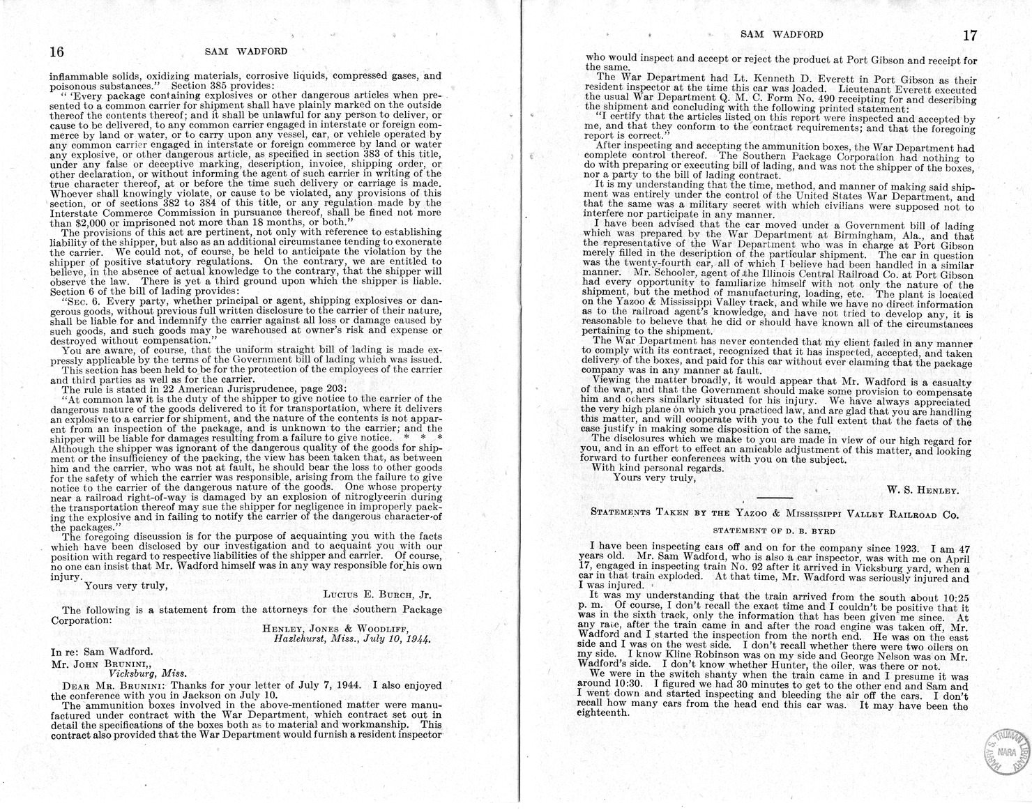 Memorandum from Frederick J. Bailey to M. C. Latta, H.R. 1482, For the Relief of the Legal Guardian of Samuel Wadford, with Attachments