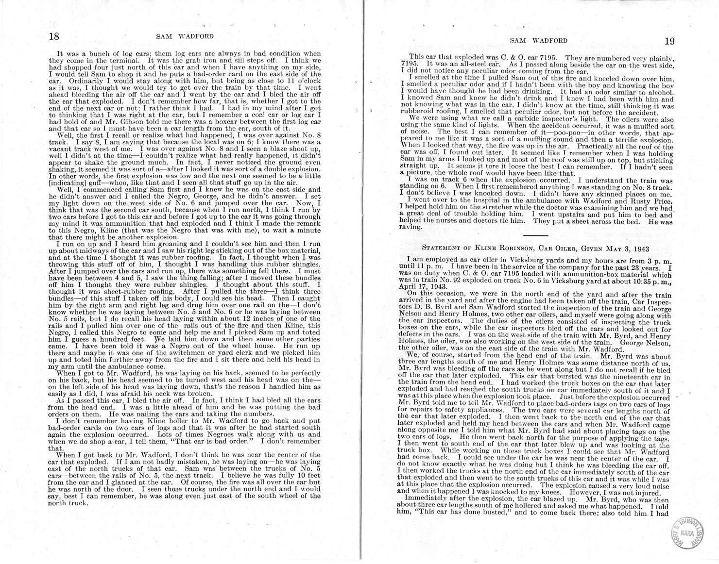 Memorandum from Frederick J. Bailey to M. C. Latta, H.R. 1482, For the Relief of the Legal Guardian of Samuel Wadford, with Attachments