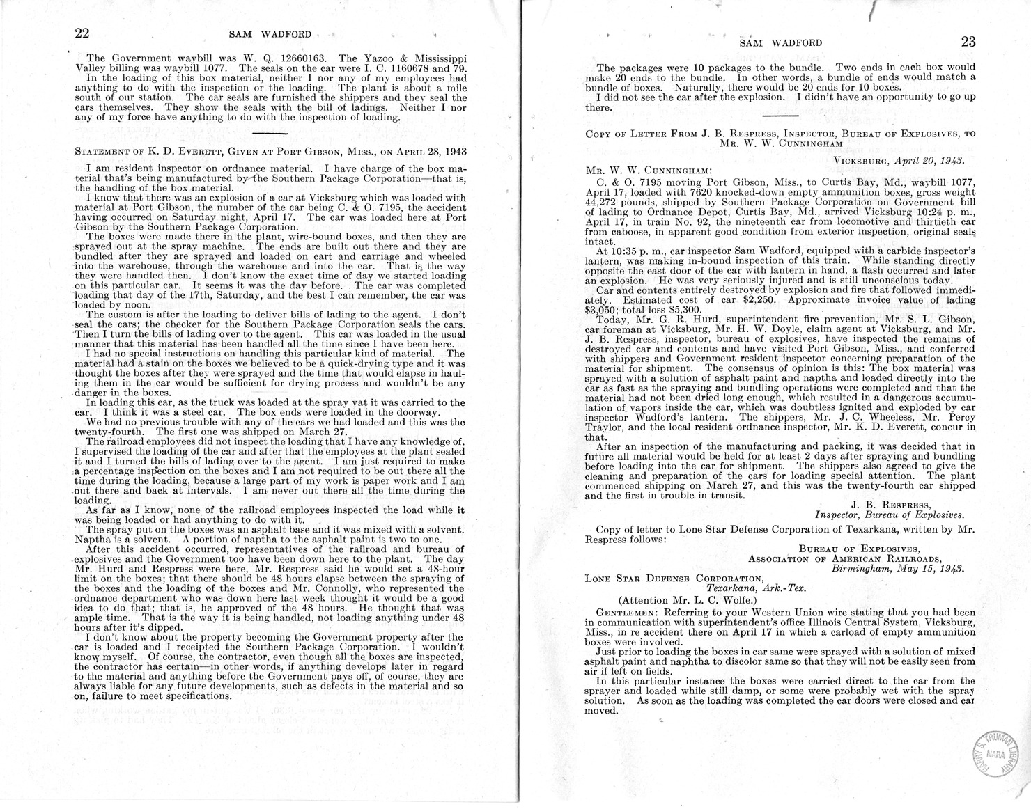 Memorandum from Frederick J. Bailey to M. C. Latta, H.R. 1482, For the Relief of the Legal Guardian of Samuel Wadford, with Attachments