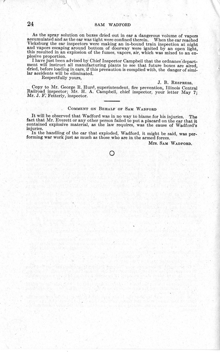 Memorandum from Frederick J. Bailey to M. C. Latta, H.R. 1482, For the Relief of the Legal Guardian of Samuel Wadford, with Attachments