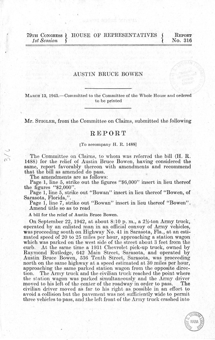 Memorandum from Frederick J. Bailey to M. C. Latta, H.R. 1488, For the Relief of Austin Bruce Bowen, with Attachments