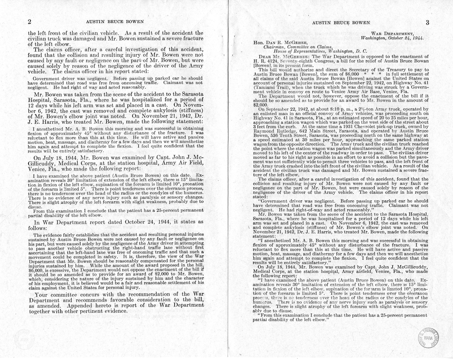 Memorandum from Frederick J. Bailey to M. C. Latta, H.R. 1488, For the Relief of Austin Bruce Bowen, with Attachments
