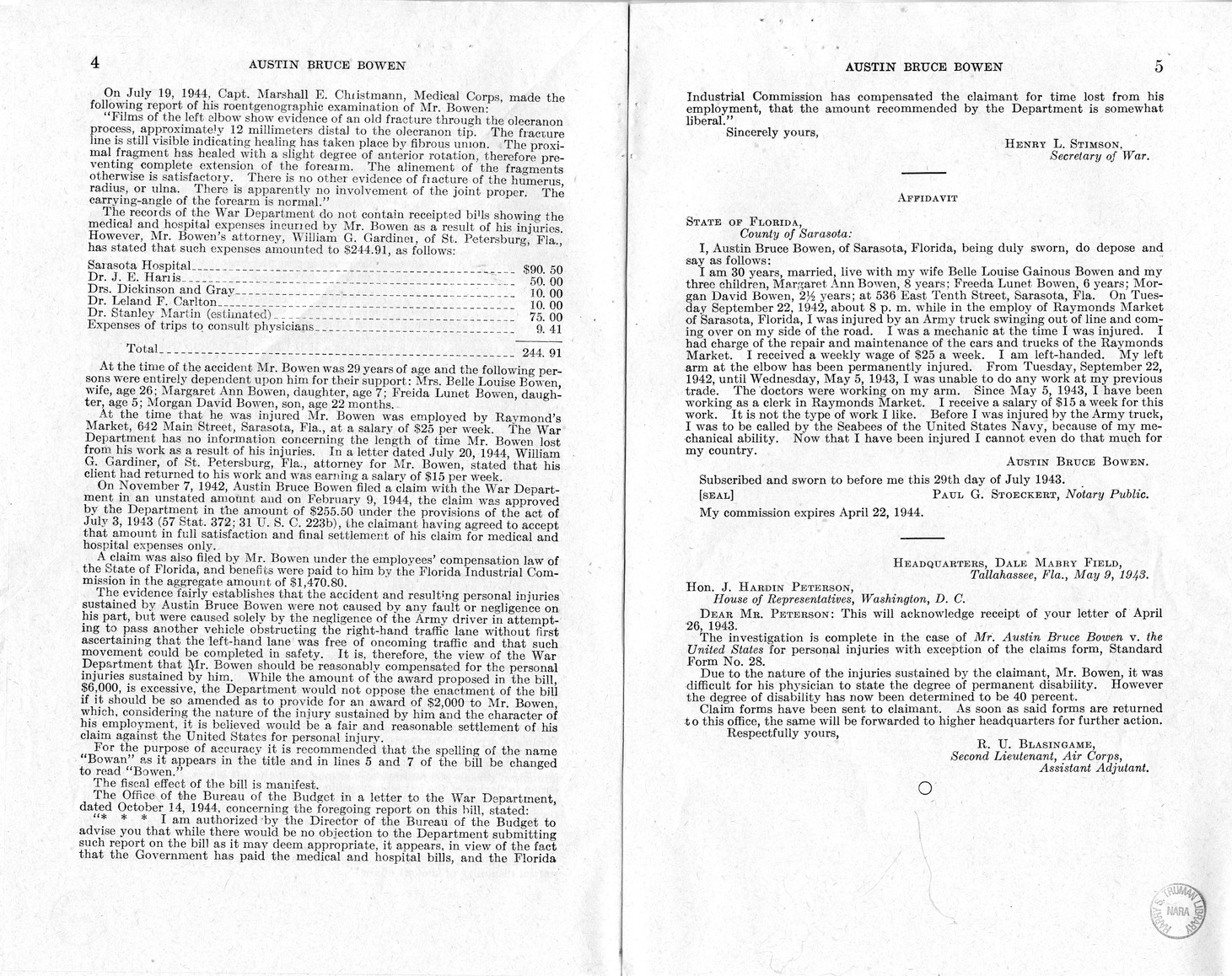 Memorandum from Frederick J. Bailey to M. C. Latta, H.R. 1488, For the Relief of Austin Bruce Bowen, with Attachments