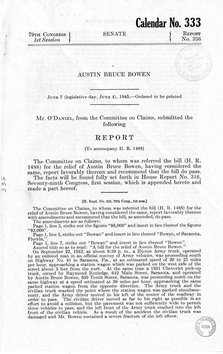 Memorandum from Frederick J. Bailey to M. C. Latta, H.R. 1488, For the Relief of Austin Bruce Bowen, with Attachments