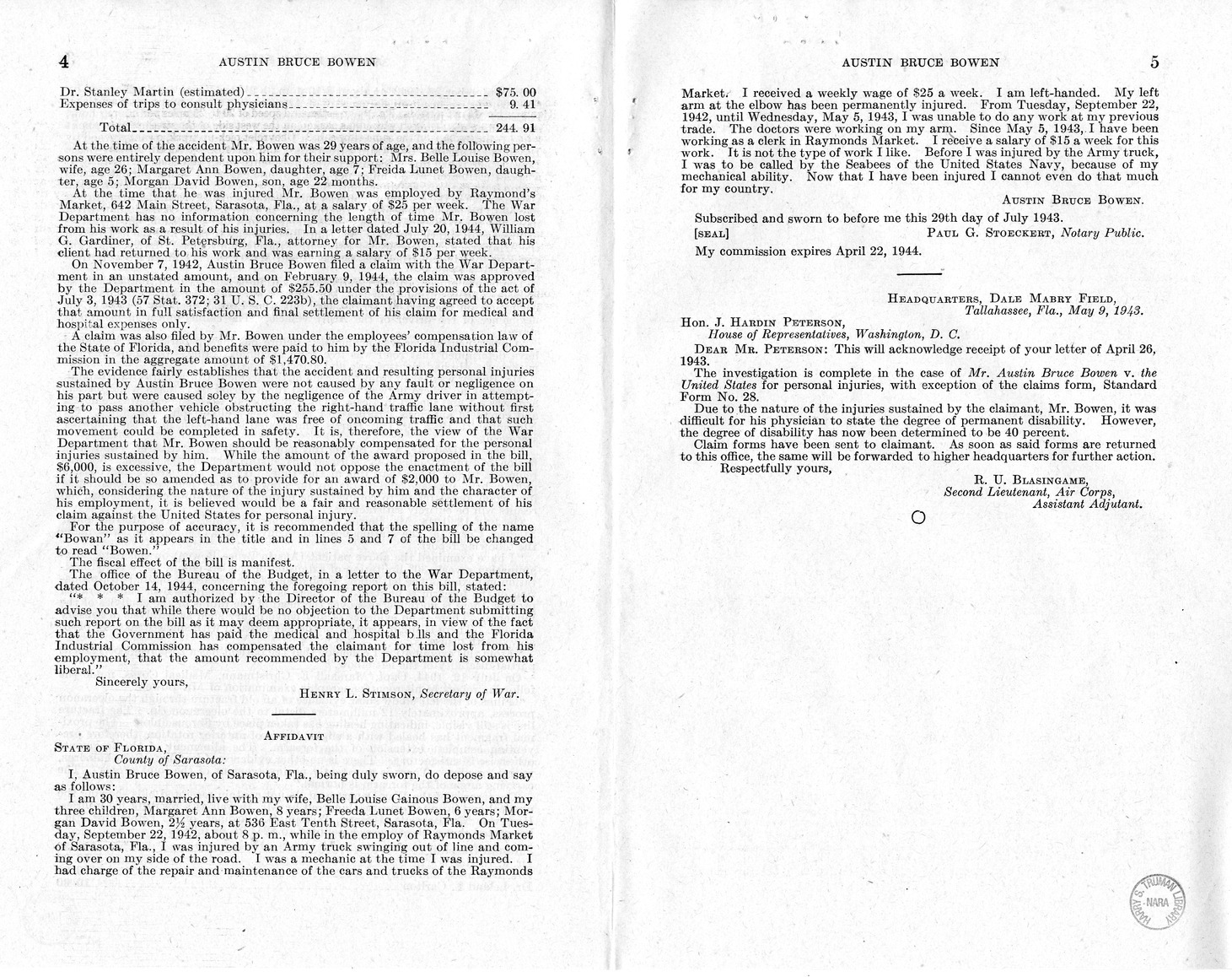 Memorandum from Frederick J. Bailey to M. C. Latta, H.R. 1488, For the Relief of Austin Bruce Bowen, with Attachments