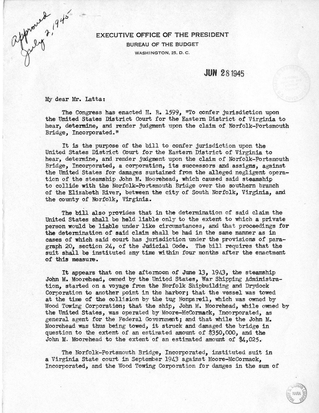 Memorandum from Harold D. Smith to M. C. Latta, H.R. 1599, To Confer Jurisdiction Upon the United States District Court for the Eastern District of Virginia to Hear, Determine, and Render Judgement Upon the Claim of Norfolk-Portsmouth Bridge, Incorporated