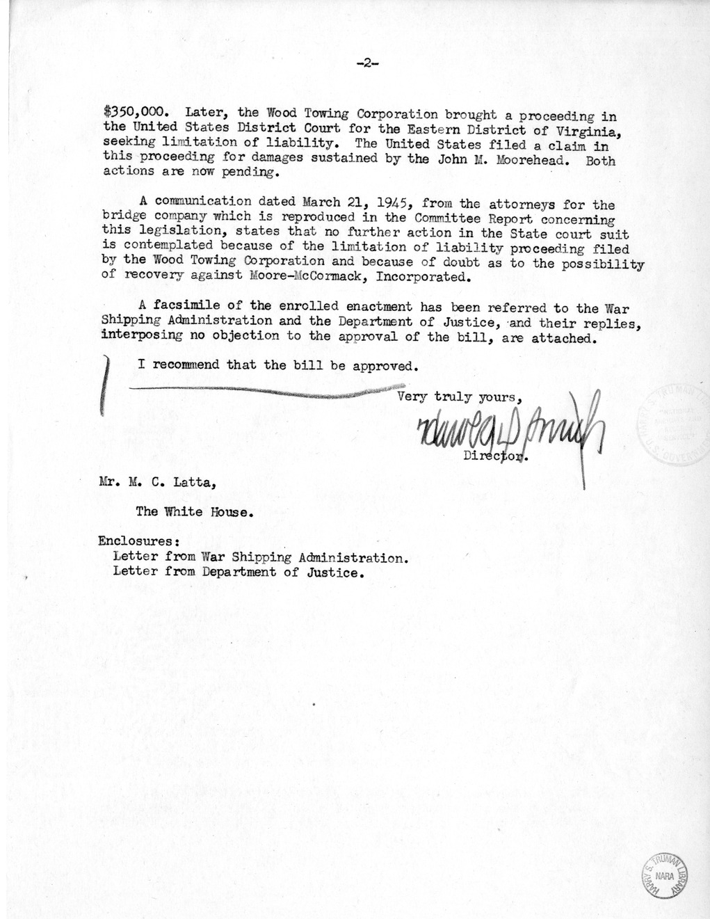 Memorandum from Harold D. Smith to M. C. Latta, H.R. 1599, To Confer Jurisdiction Upon the United States District Court for the Eastern District of Virginia to Hear, Determine, and Render Judgement Upon the Claim of Norfolk-Portsmouth Bridge, Incorporated