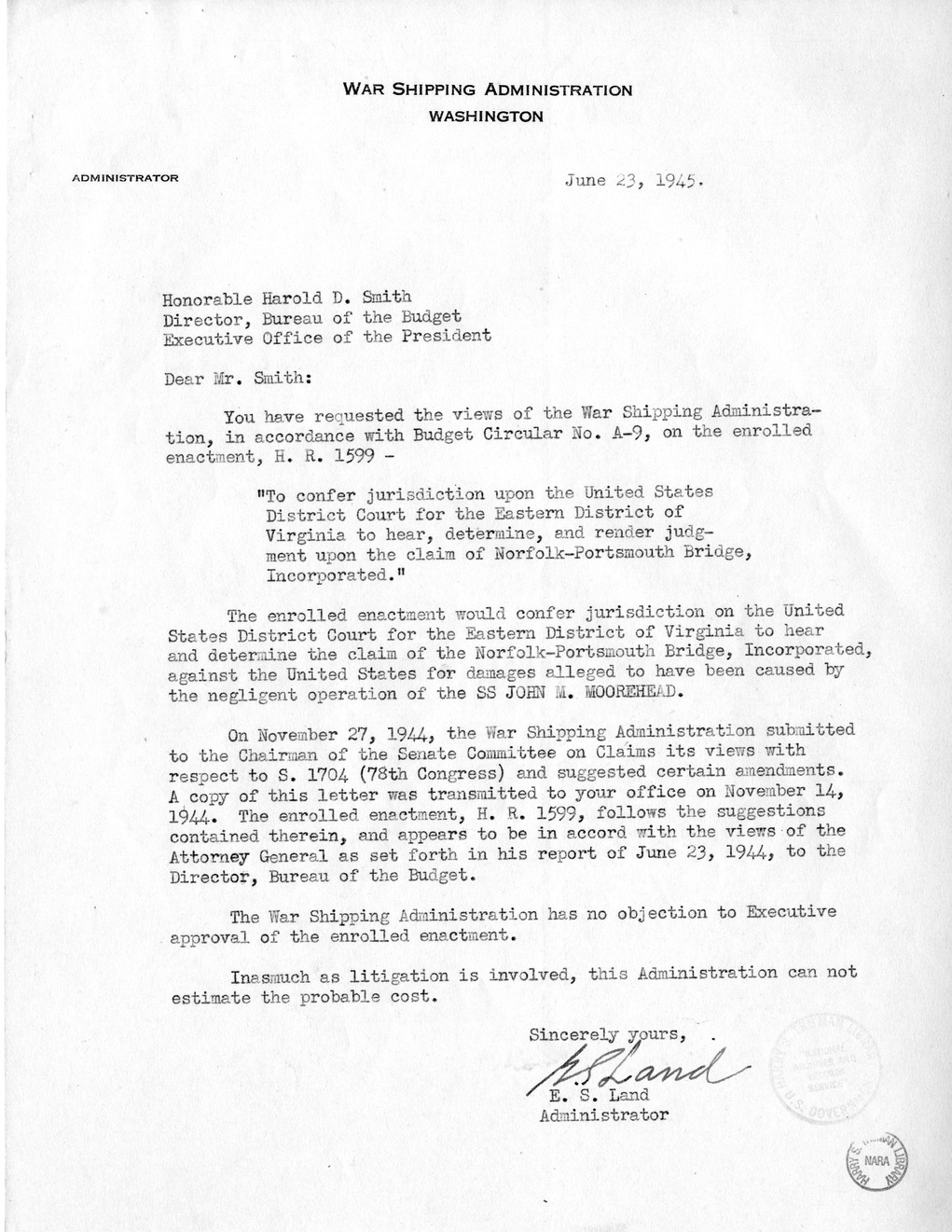 Memorandum from Harold D. Smith to M. C. Latta, H.R. 1599, To Confer Jurisdiction Upon the United States District Court for the Eastern District of Virginia to Hear, Determine, and Render Judgement Upon the Claim of Norfolk-Portsmouth Bridge, Incorporated