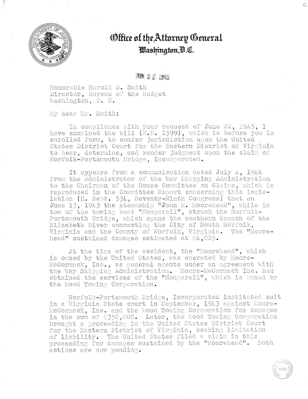 Memorandum from Harold D. Smith to M. C. Latta, H.R. 1599, To Confer Jurisdiction Upon the United States District Court for the Eastern District of Virginia to Hear, Determine, and Render Judgement Upon the Claim of Norfolk-Portsmouth Bridge, Incorporated