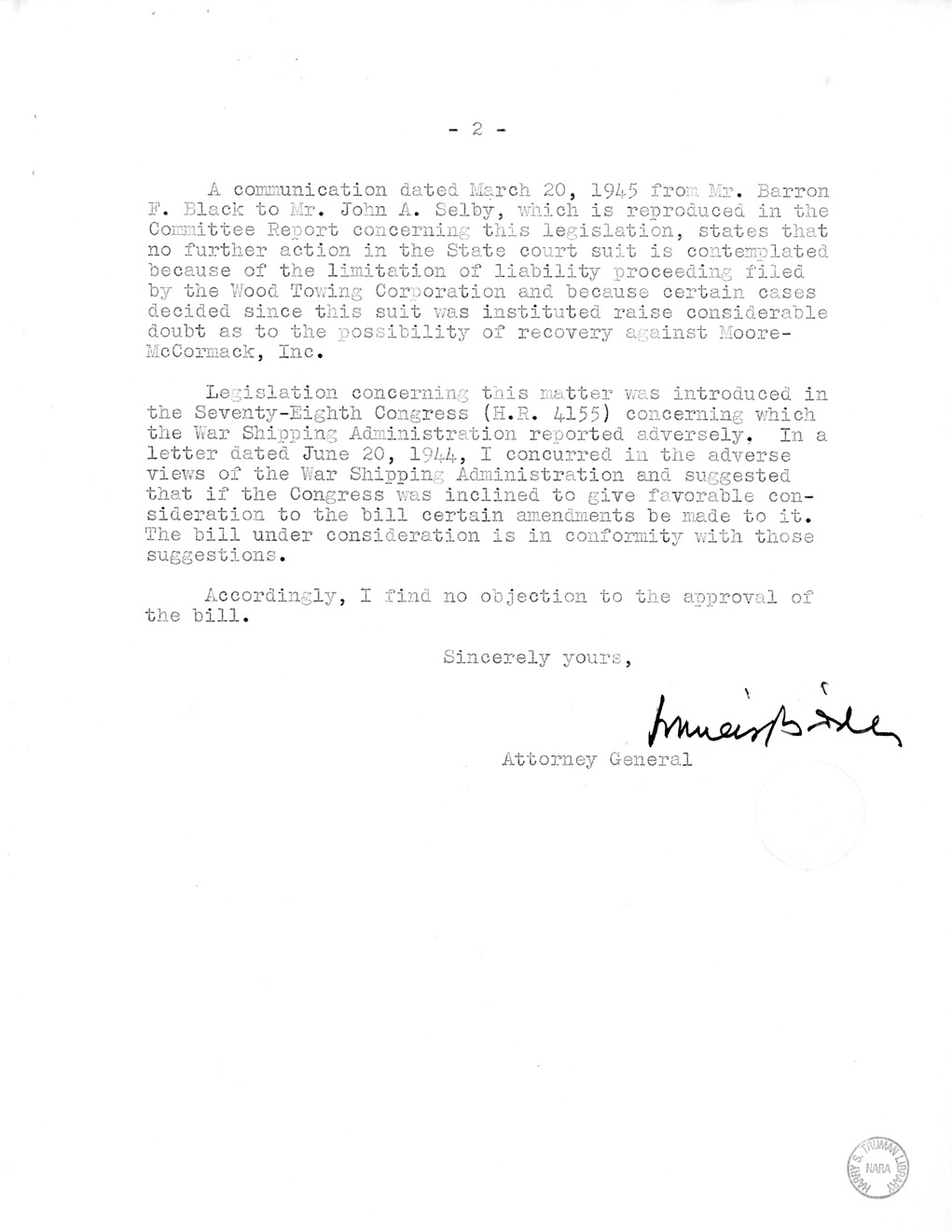 Memorandum from Harold D. Smith to M. C. Latta, H.R. 1599, To Confer Jurisdiction Upon the United States District Court for the Eastern District of Virginia to Hear, Determine, and Render Judgement Upon the Claim of Norfolk-Portsmouth Bridge, Incorporated