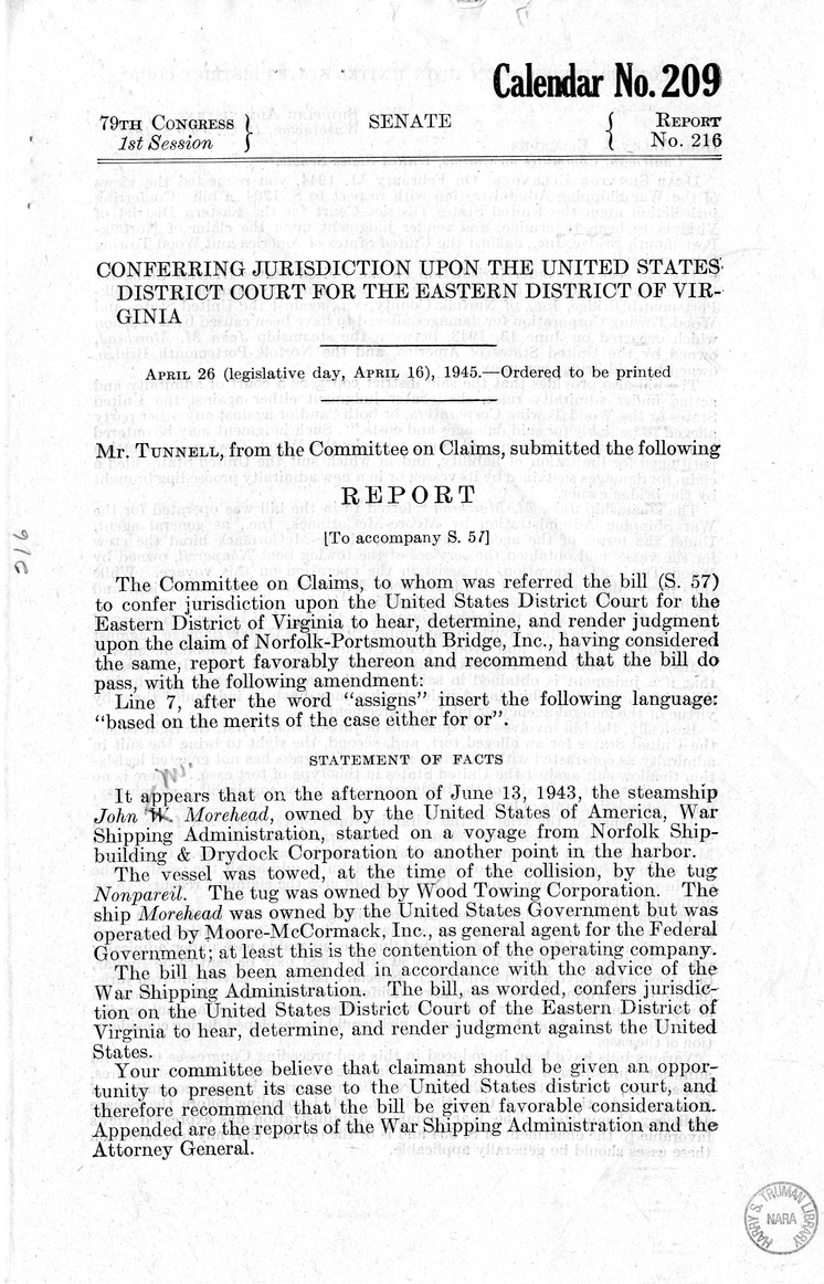 Memorandum from Harold D. Smith to M. C. Latta, H.R. 1599, To Confer Jurisdiction Upon the United States District Court for the Eastern District of Virginia to Hear, Determine, and Render Judgement Upon the Claim of Norfolk-Portsmouth Bridge, Incorporated